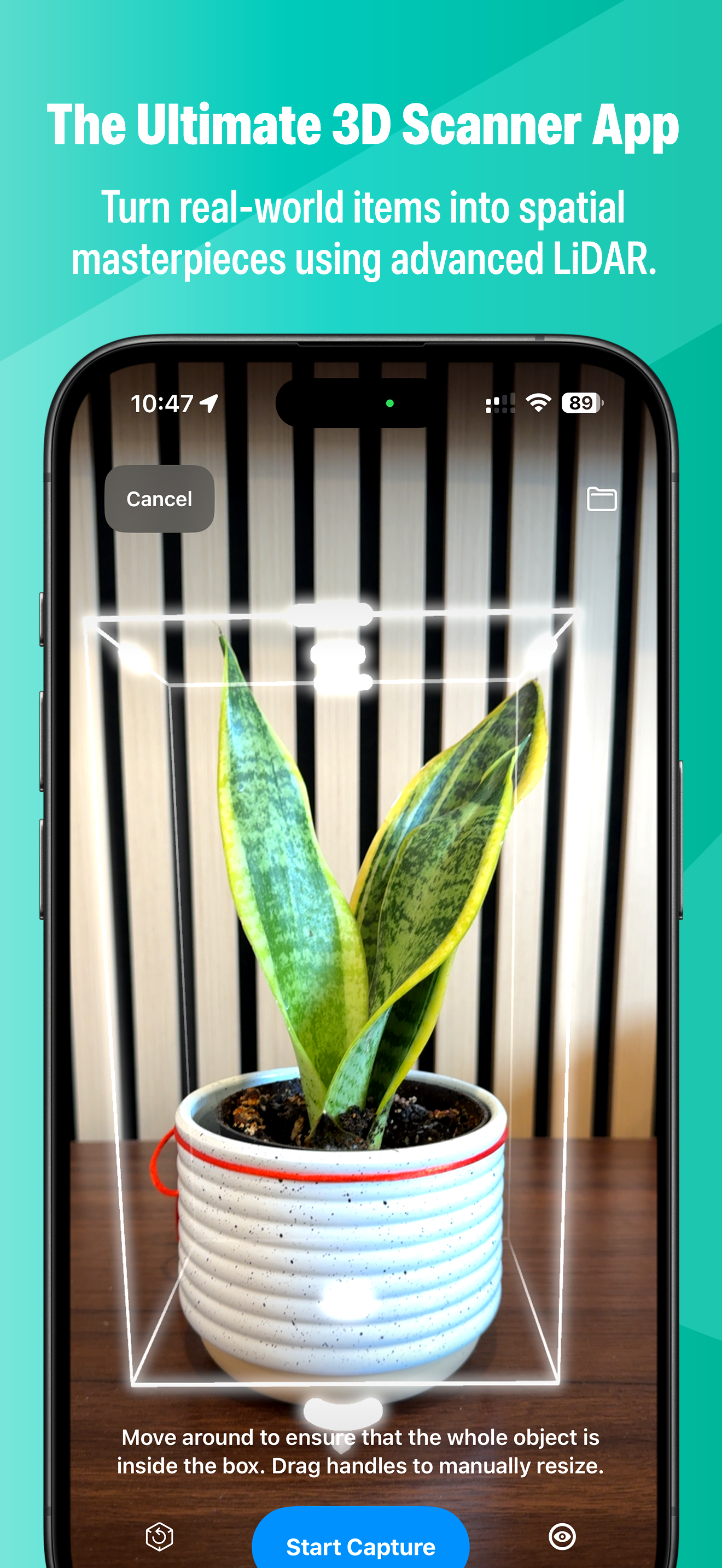 The Ultimate 3D Scanner App: scanning a snake plant in a white pot with a LiDAR bounding box on iPhone