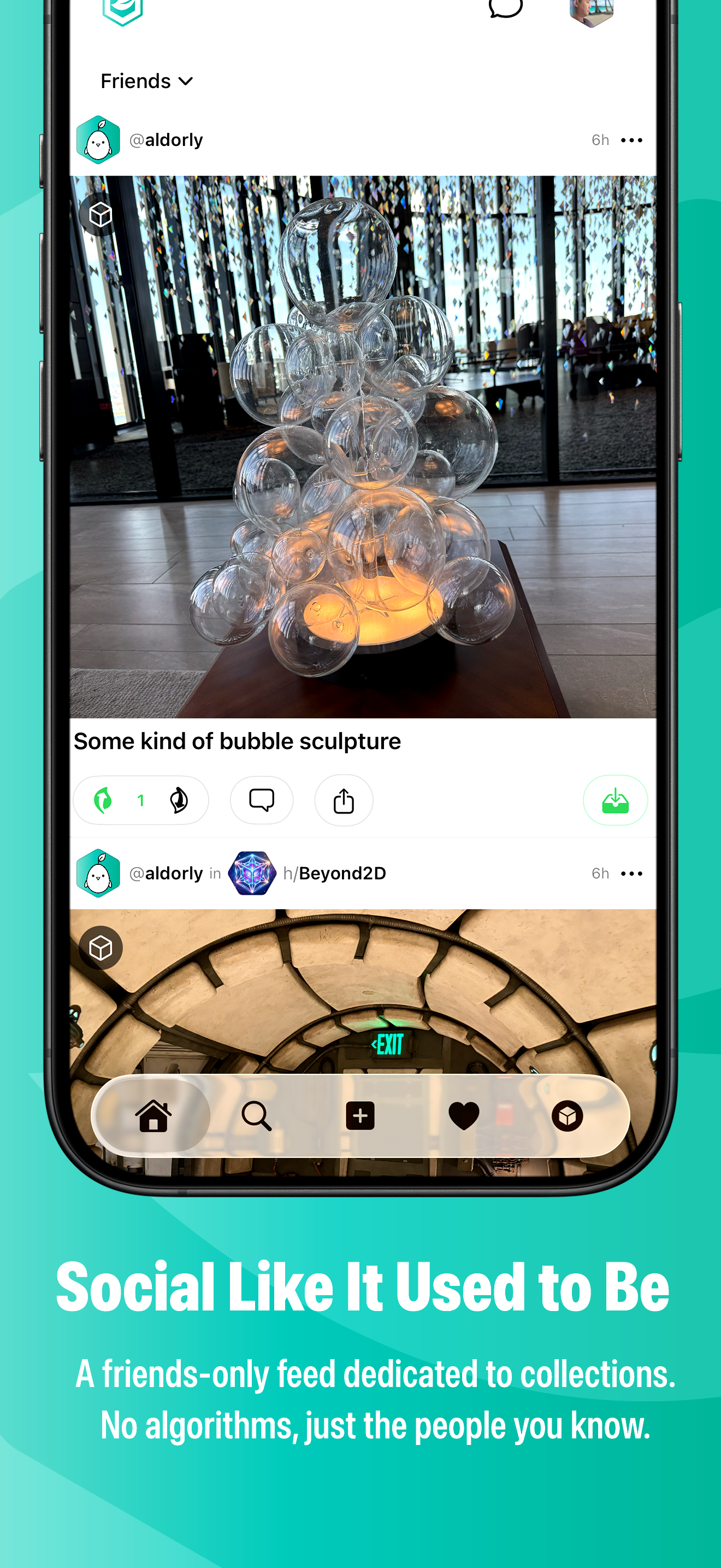 Social Like It Used to Be: a friends-only feed on iPhone showing collection posts from people you actually know, no algorithms