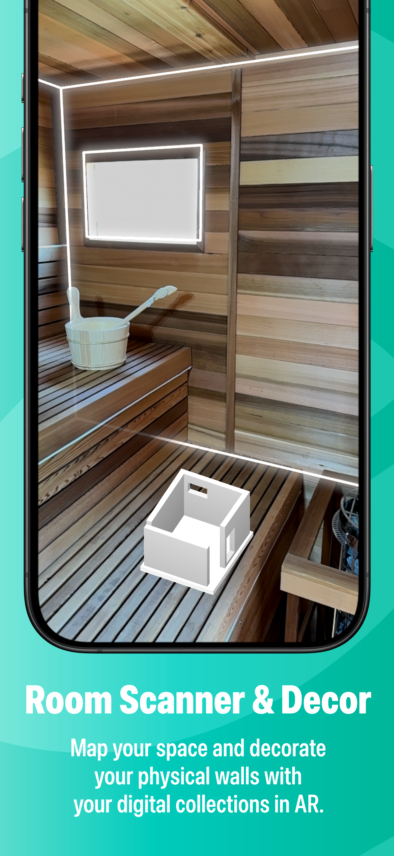 Room Scanner and Decor: a wood-paneled sauna captured as a 3D room scan on iPhone, ready for AR decoration