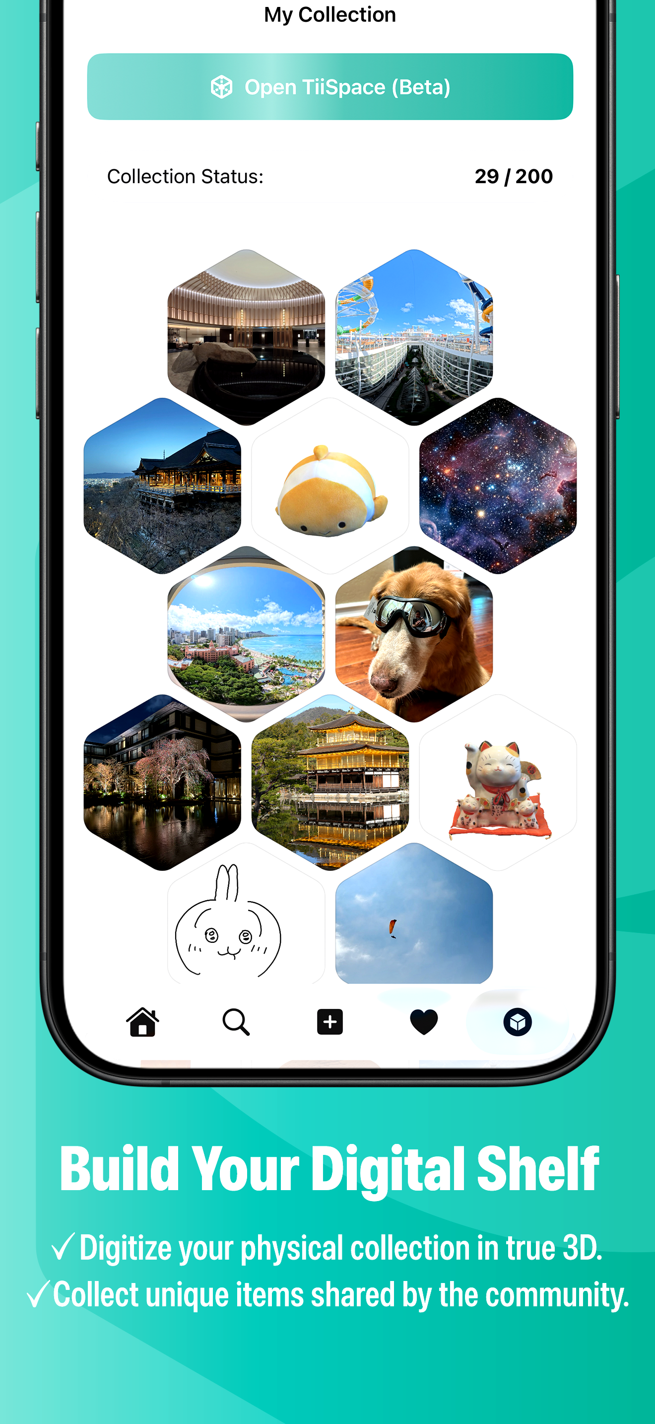 Build Your Digital Shelf: hex-grid collection inventory on iPhone showing 29 of 200 collected 3D items, photos, and spatial captures