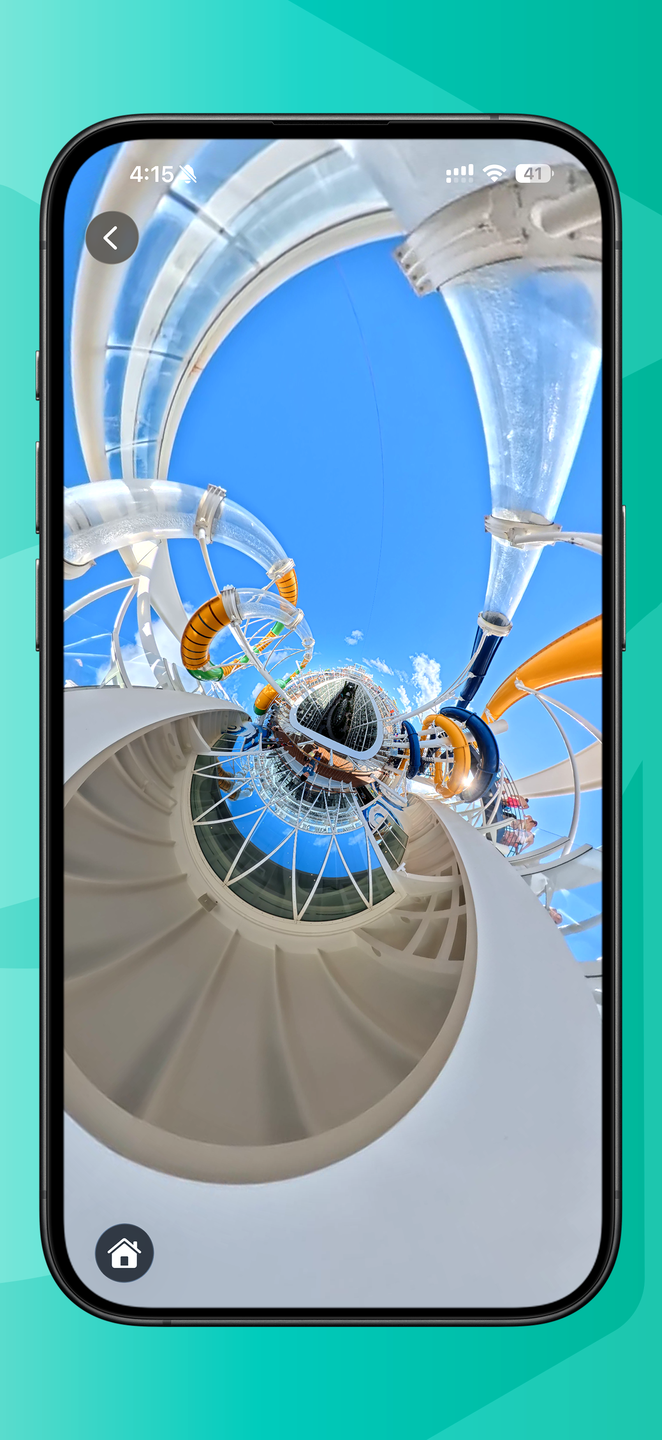 360 photo capture: a waterpark scene viewed as an immersive tiny-planet 360 photo on iPhone