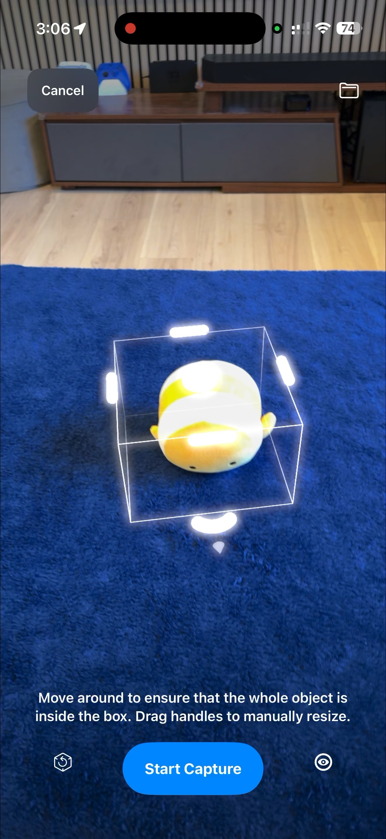 iPhone 3D scanning bounding box detection around a toy fish object