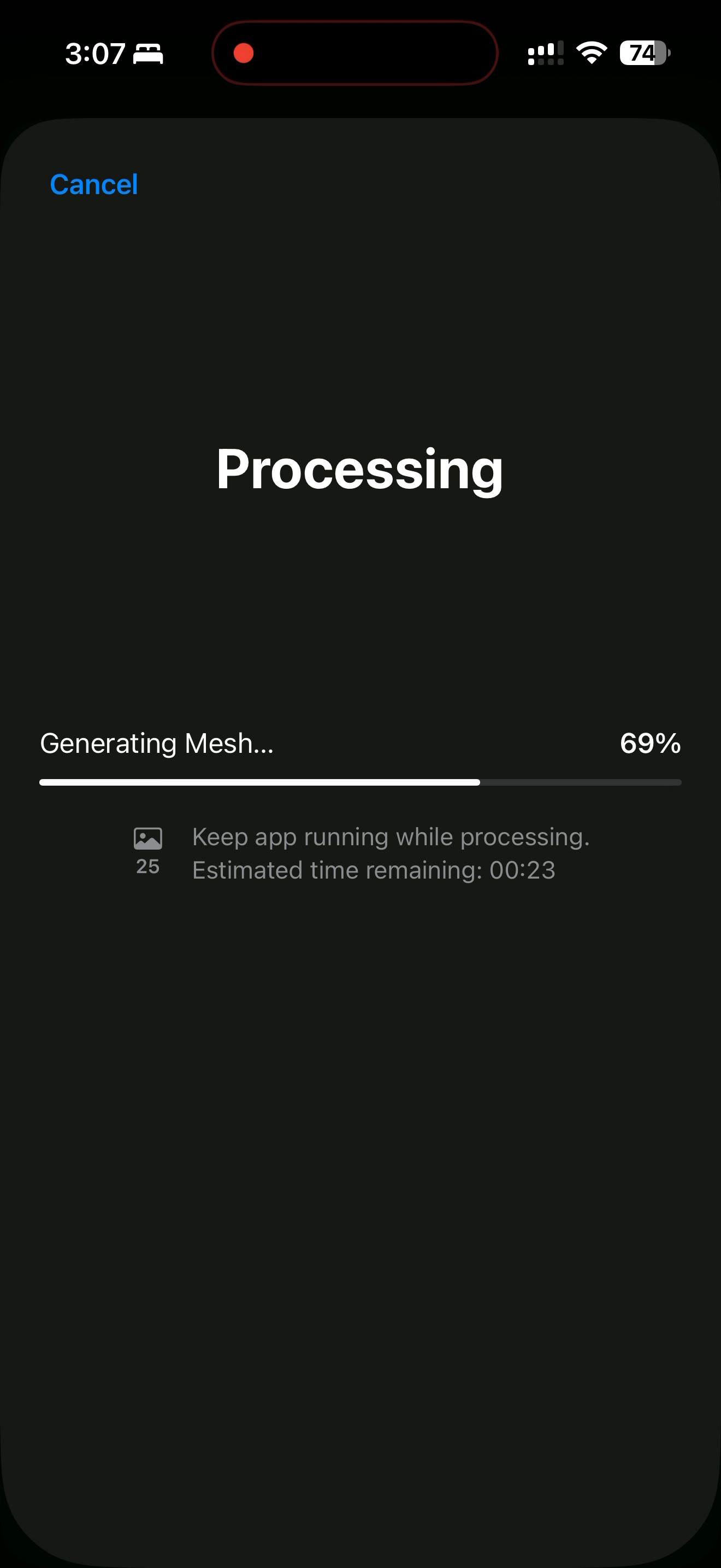 iPhone processing 3D scan with mesh generation progress at 69 percent