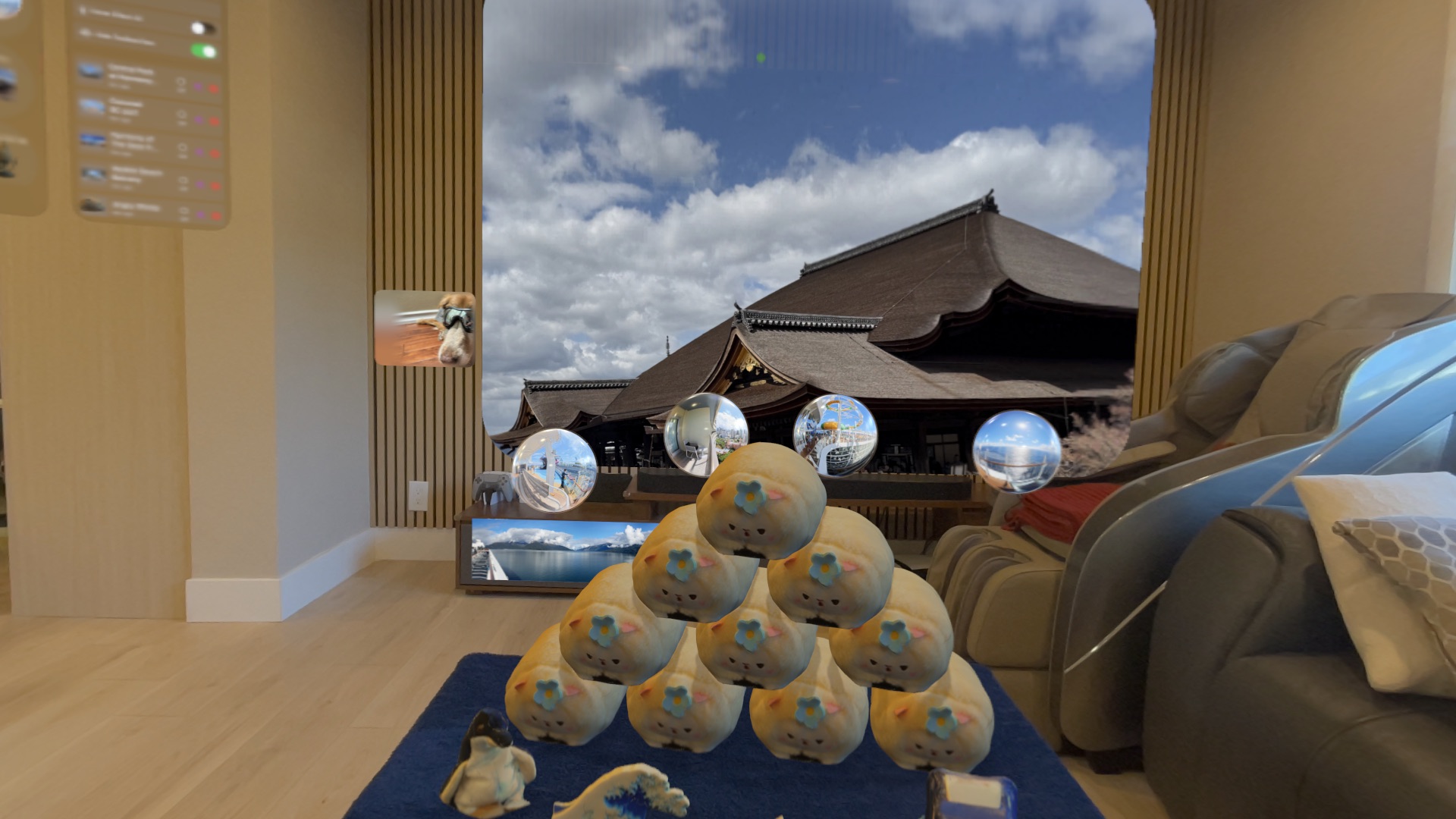 3D scanned objects placed on a table in augmented reality on Apple Vision Pro with TiiSpace controls