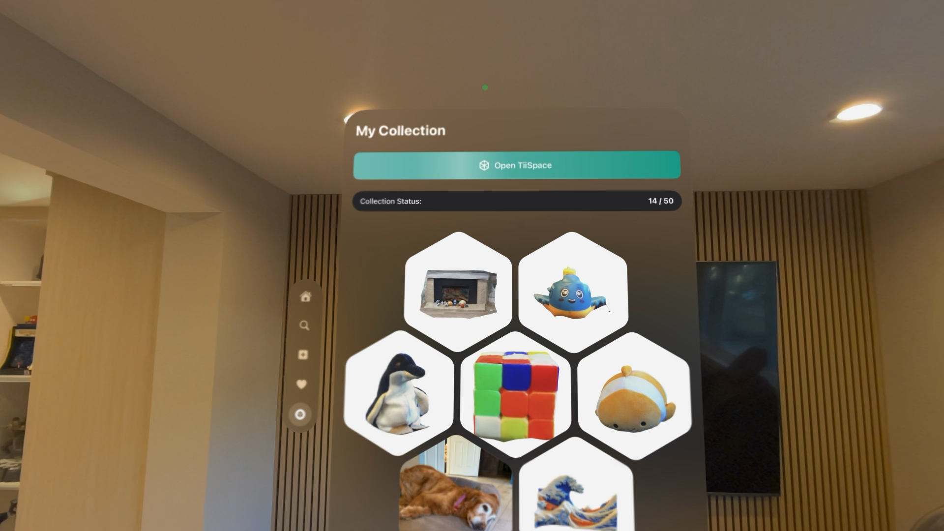 TiiHub 3D collections window on Apple Vision Pro showing collectible items in visionOS